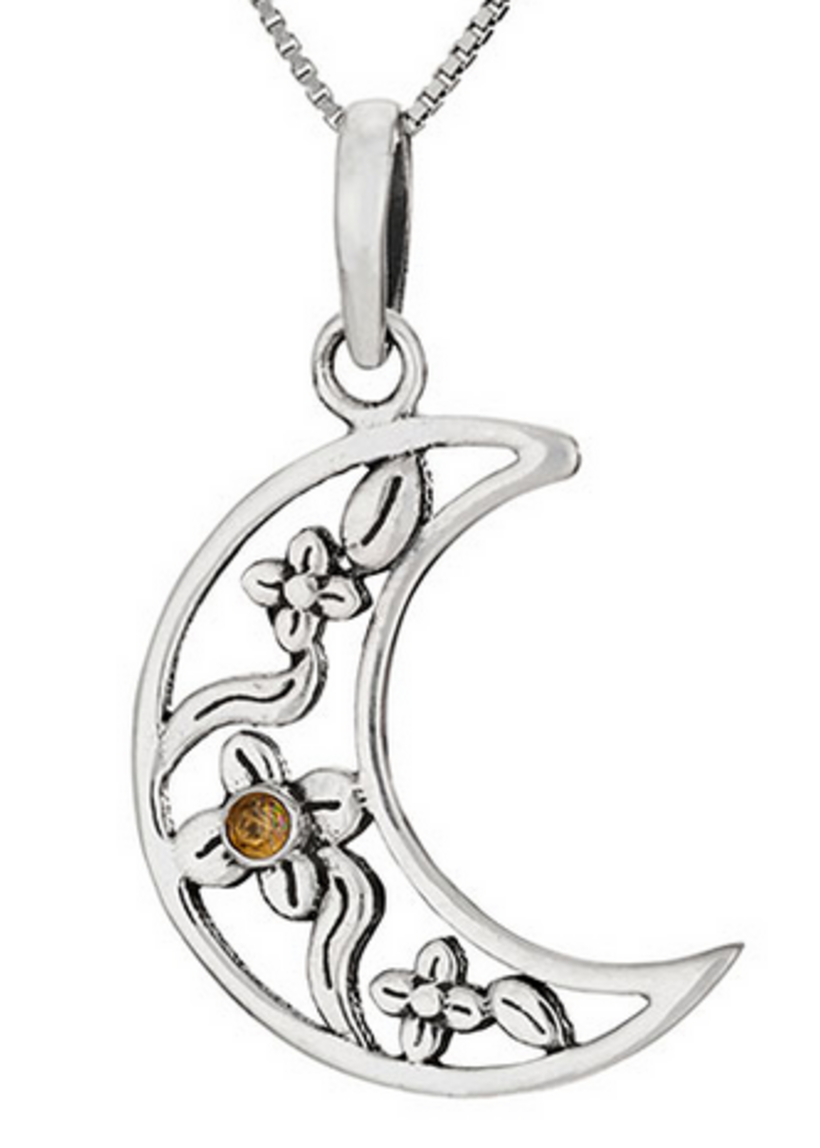 Necklace SS Floral Crescent Moon w/Citrine