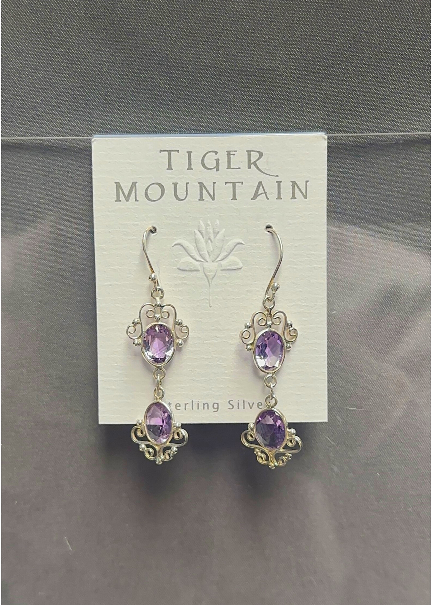 Earring SS Double Amethyst Fancy Scroll