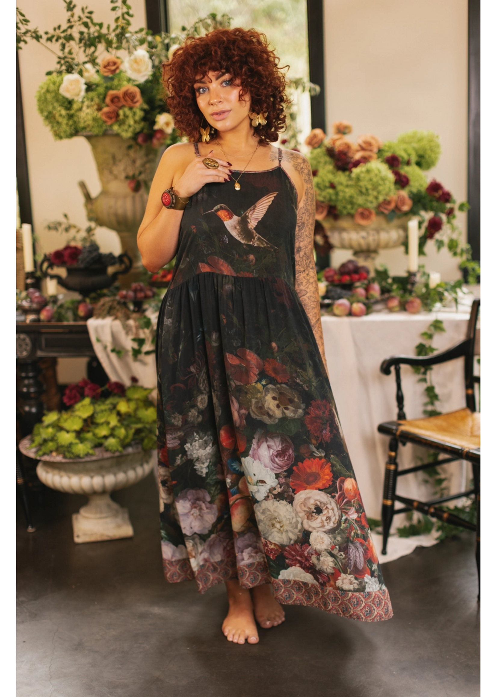 Market of Stars Flight of Fancy Floral Bamboo Slip Dress with Hummingbirds
