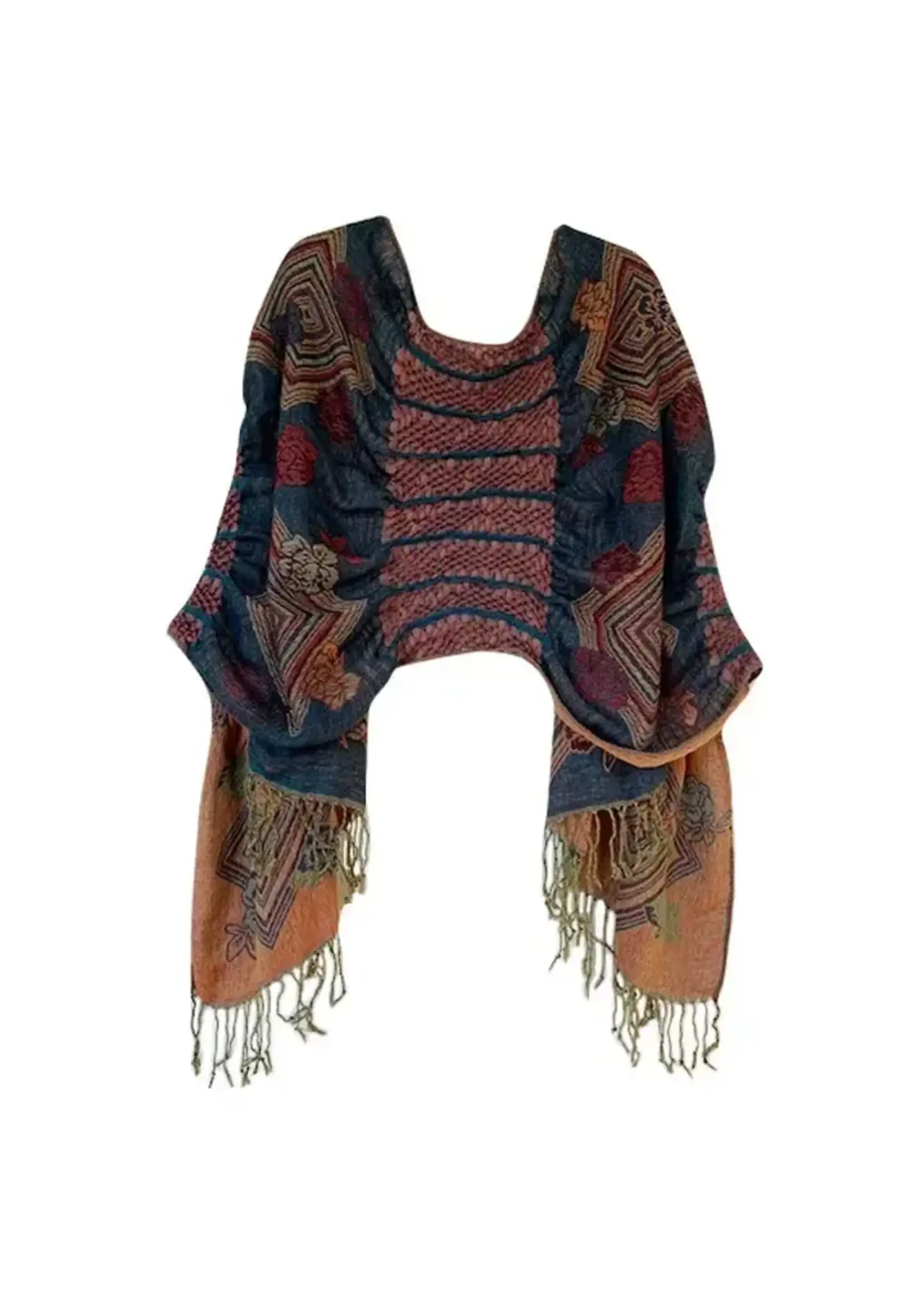 J&X  Ruffle Shawl Teal & Orange