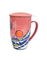Tea Mug with Lid and Infuser Sunset Wave Design 15oz