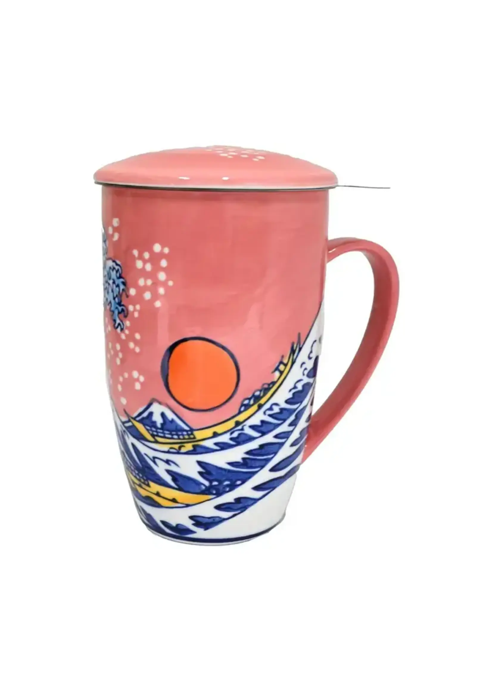 Tea Mug with Lid and Infuser Sunset Wave Design 15oz