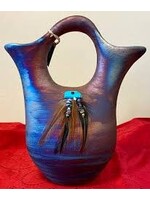 Raku Wedding Vase with Feathers and Turquoise Medium 4"