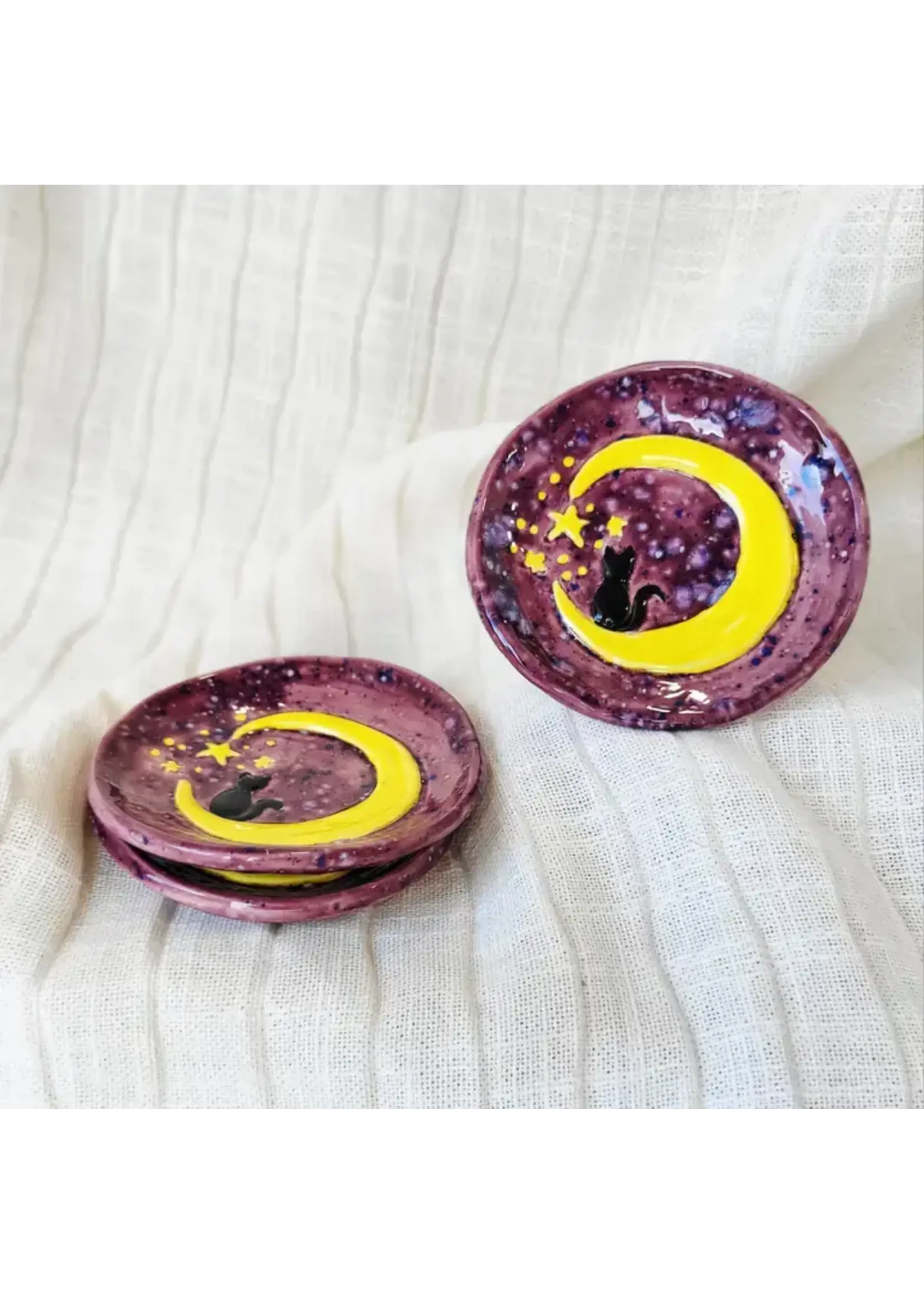 Trinket Dish Ceramic Cat on the Moon 4"D