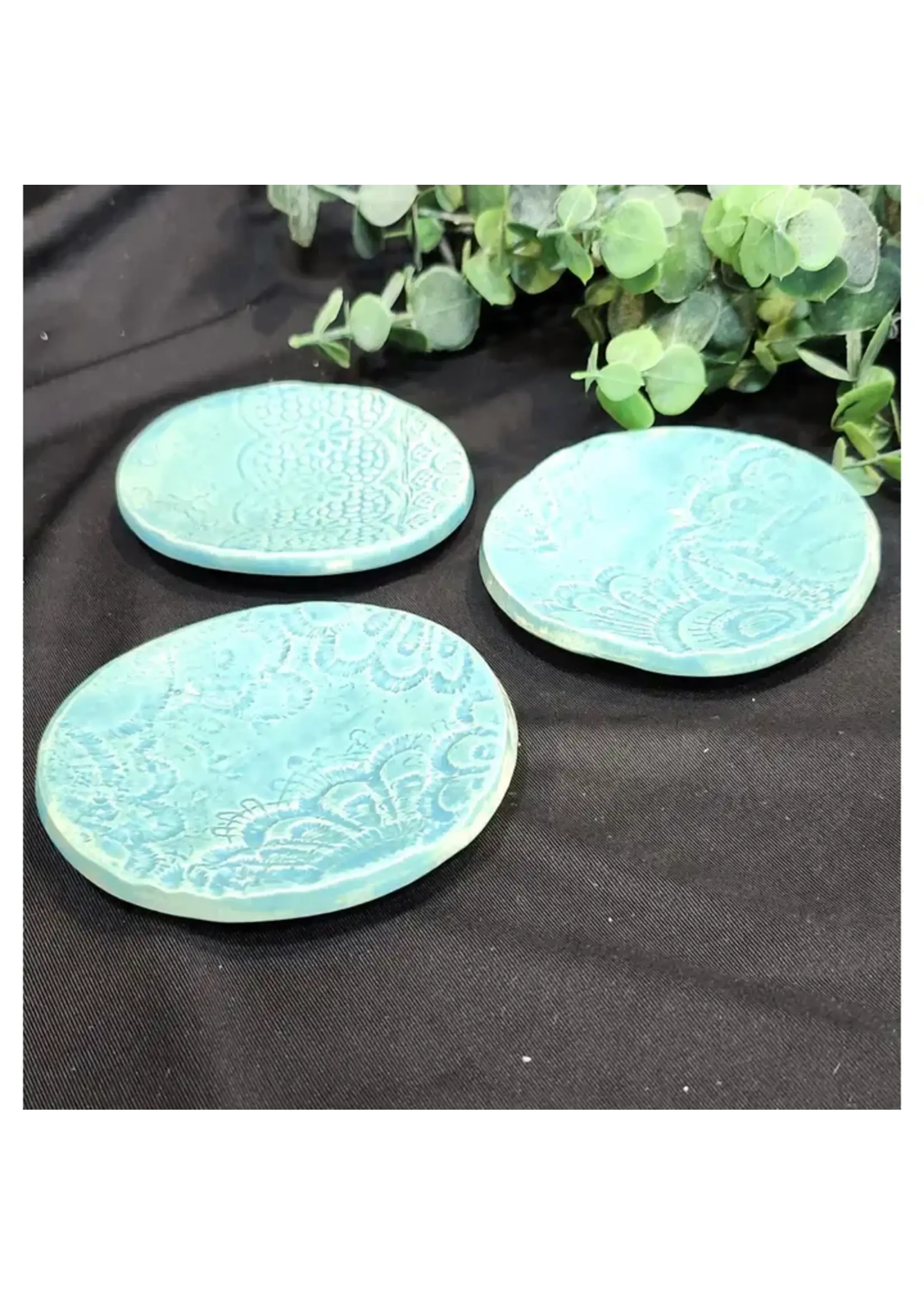 Trinket Dish Ceramic Lace Pressed Turquoise Blue 4"D