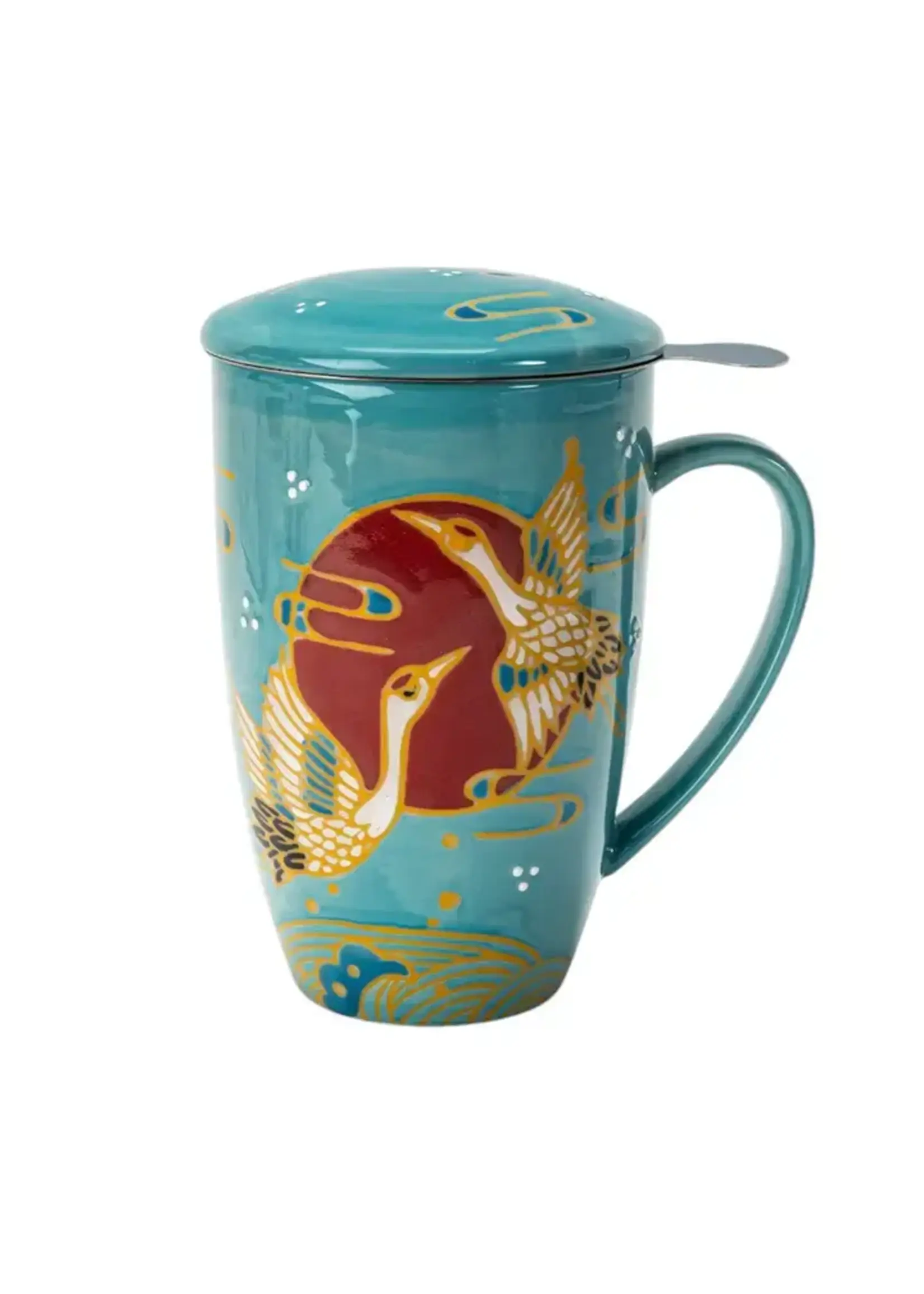 Tea Mug with Lid and Infuser Japanese Crane Teal 15oz