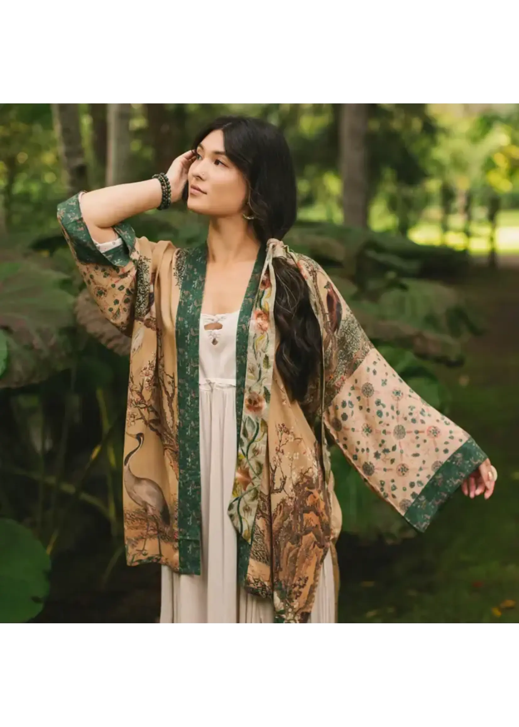Kimono Fable Matinée Duster Kimono w/ Deer and Moon, Mid-Length