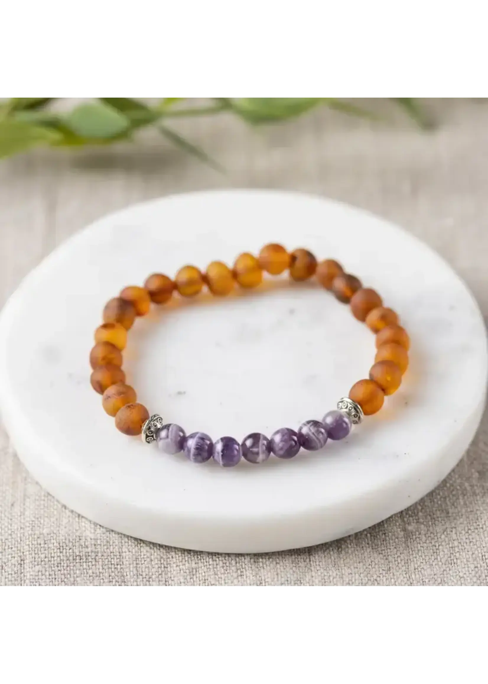 RBAmber Bracelet Amethyst & Raw Cognac Amber 6.5"