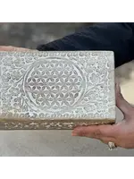 Lungta Hand Carved Flower of Life Wooden Box | White Washed