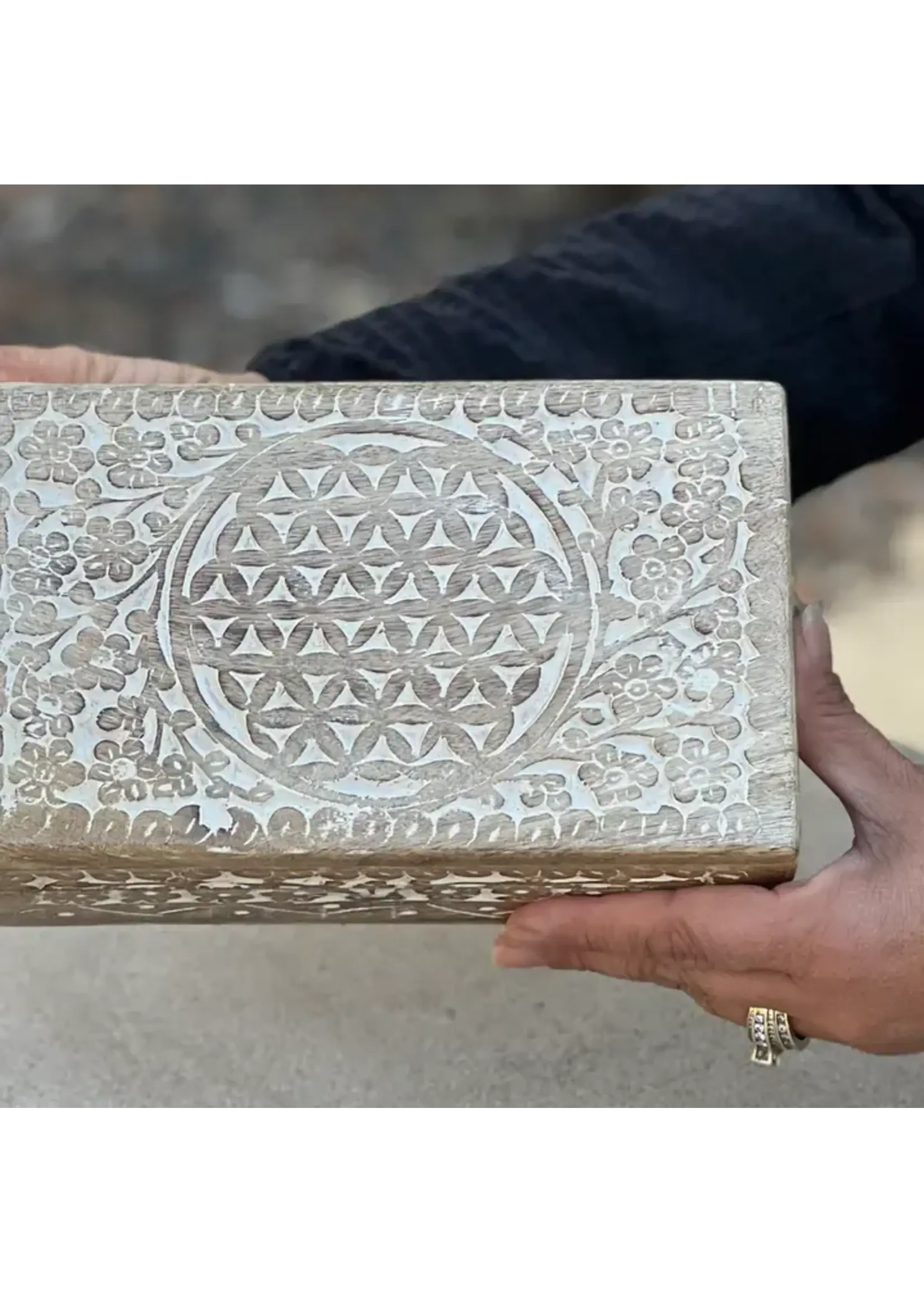 Lungta Hand Carved Flower of Life Wooden Box | White Washed