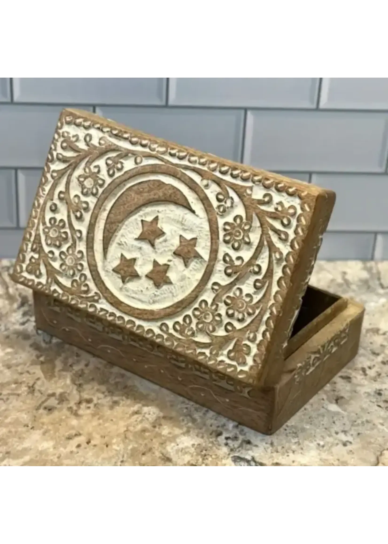 Lungta Celestial Moon and Stars Hand Carved Wooden Box Storage