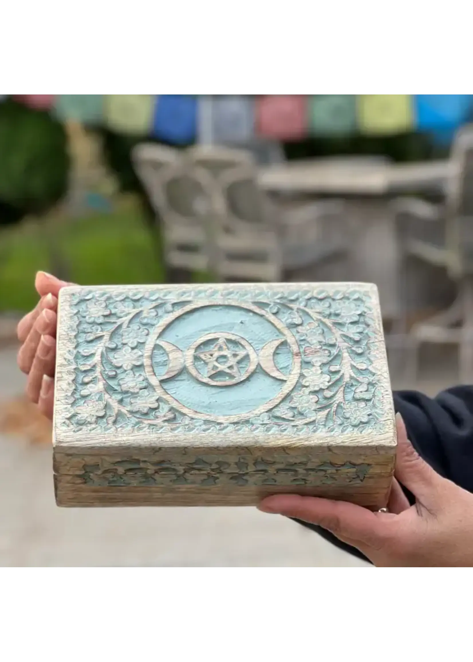 Lungta Triple Moon Hand Carved Wooden Storage Box