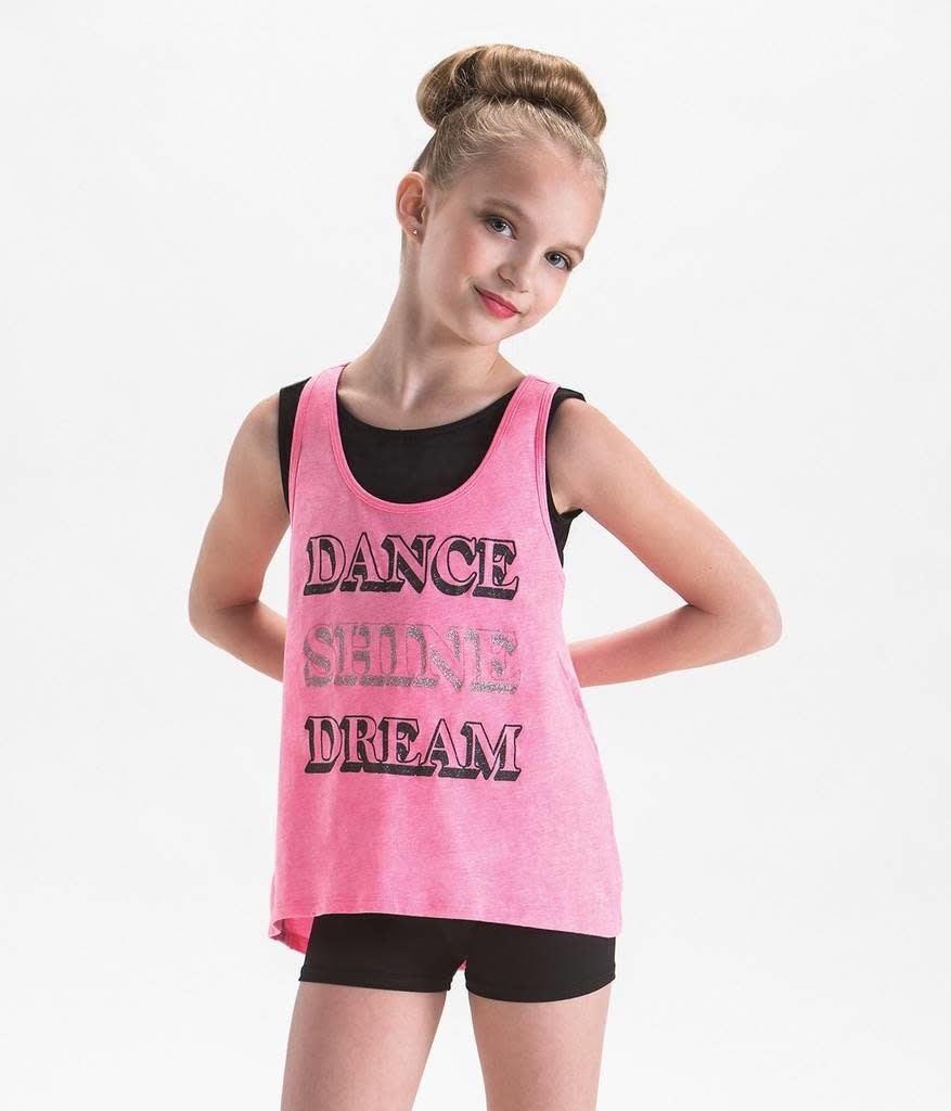 Motionwear Camisole style "High Low Tank" Motionwear 4748, imprimé: "DANCE SHINE DREAM" au devant