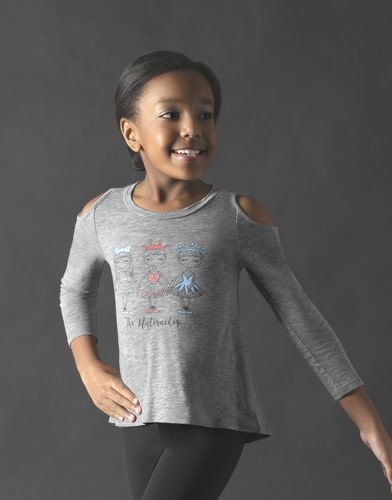 Motionwear Chandail Manches 3/4 Motionwear 4926-017 GRAY, Style "Cold Shoulder Top", imprimé: "Nutcracker Girls" au devant