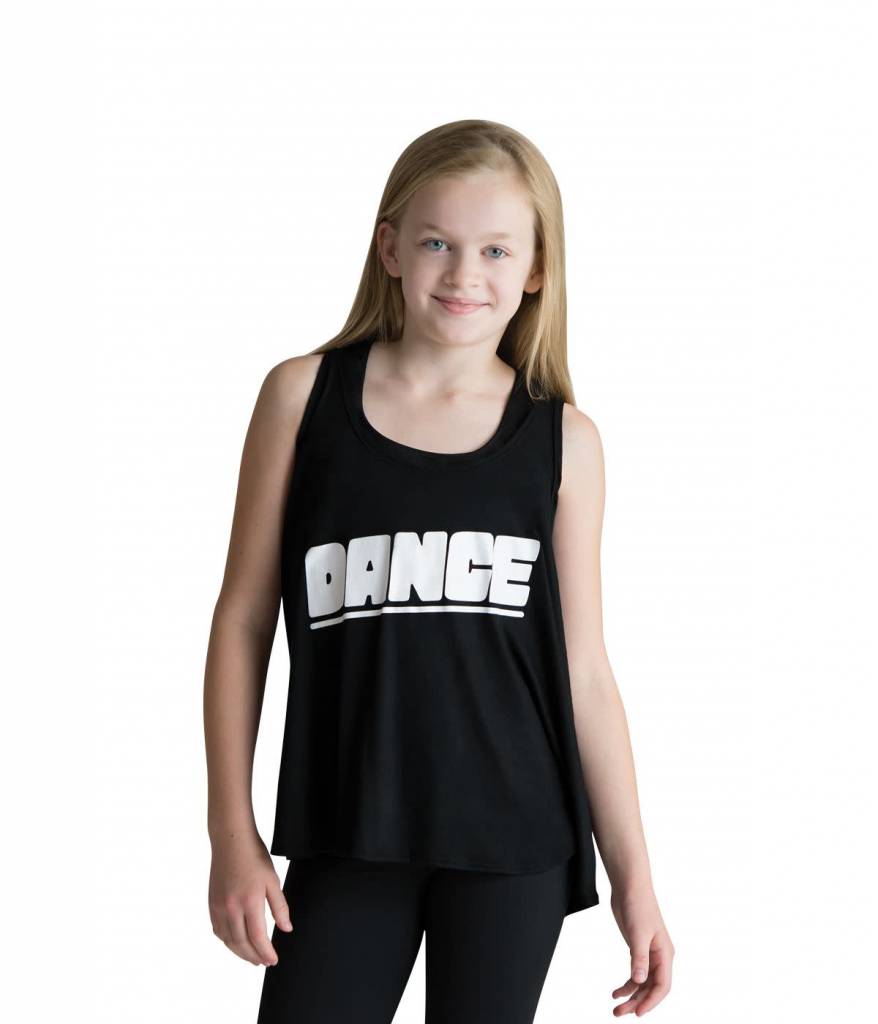 Motionwear Camisole style "Drape Tank" Motionwear 4505-017 BLK, imprimé: "DANCE" blanc au devant