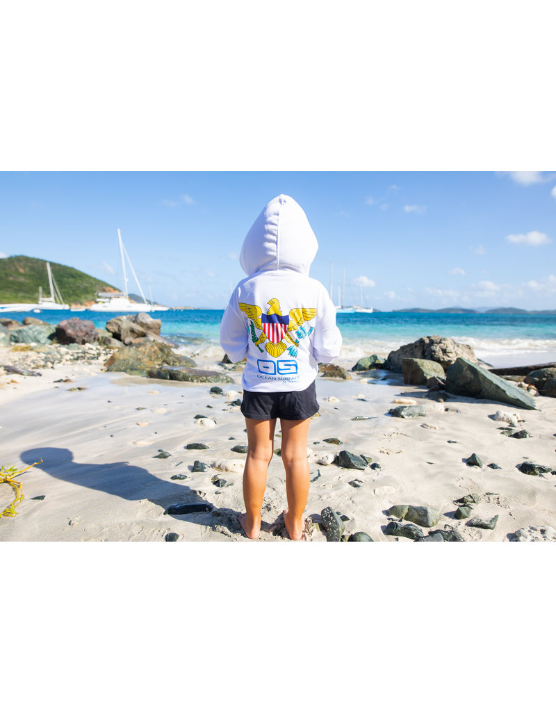 Ocean Surfari OS SPF 50+ Performance Youth Hoodie VI Flag White