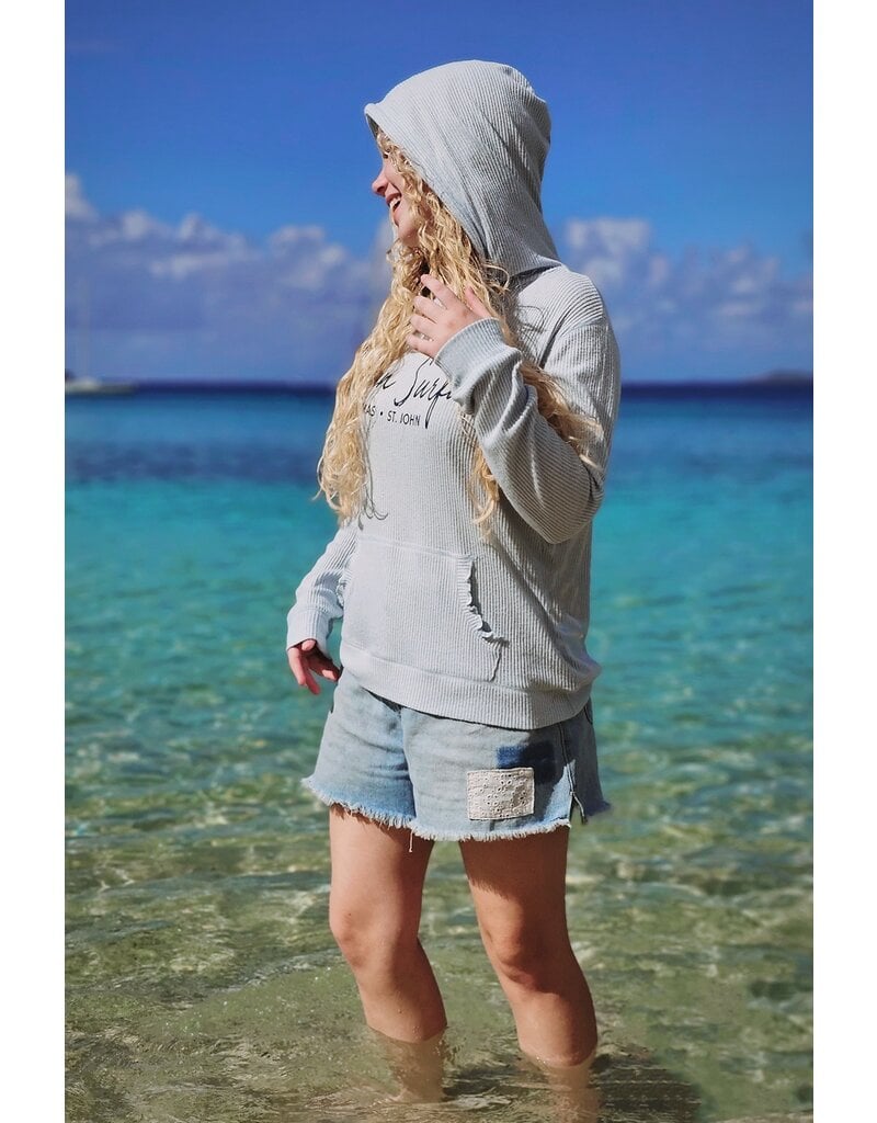 Ocean Surfari Ladies Rib Hacci Lettuce Edge Hoodie Laguna Blue