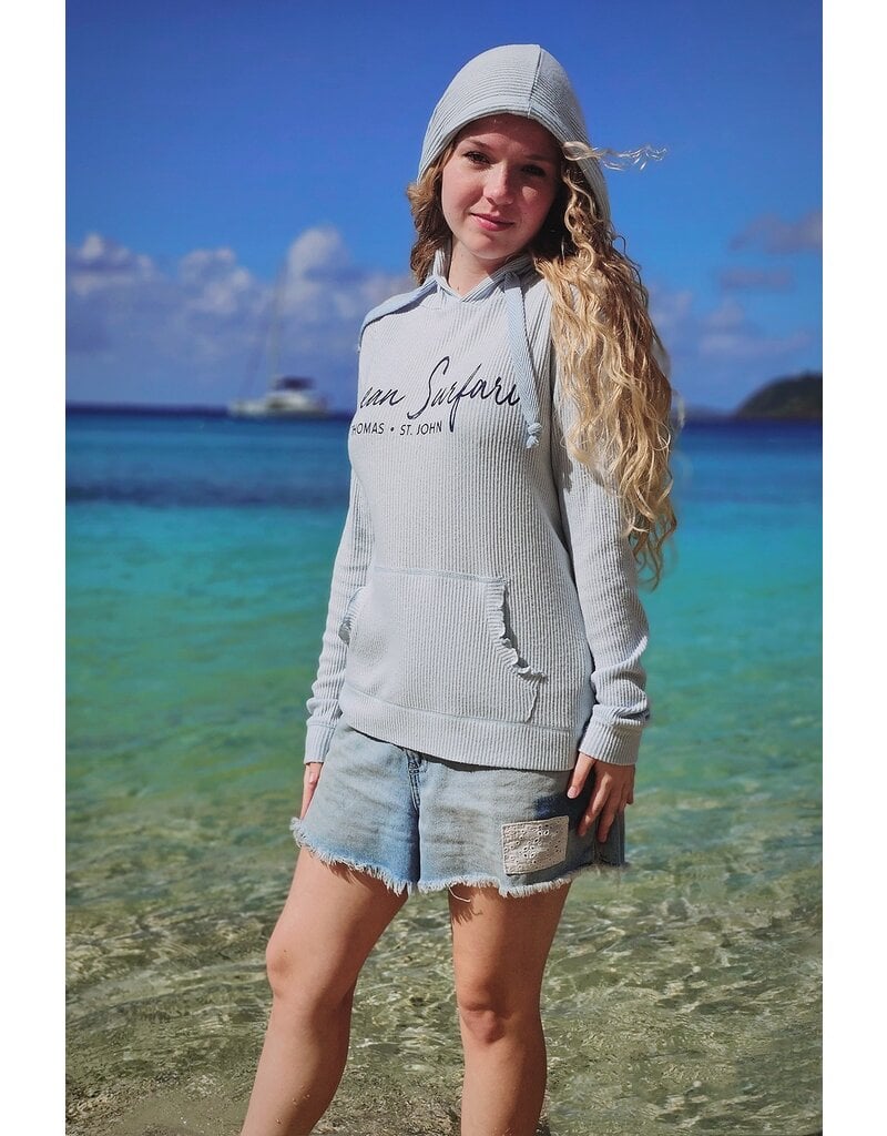 Ocean Surfari Ladies Rib Hacci Lettuce Edge Hoodie Laguna Blue