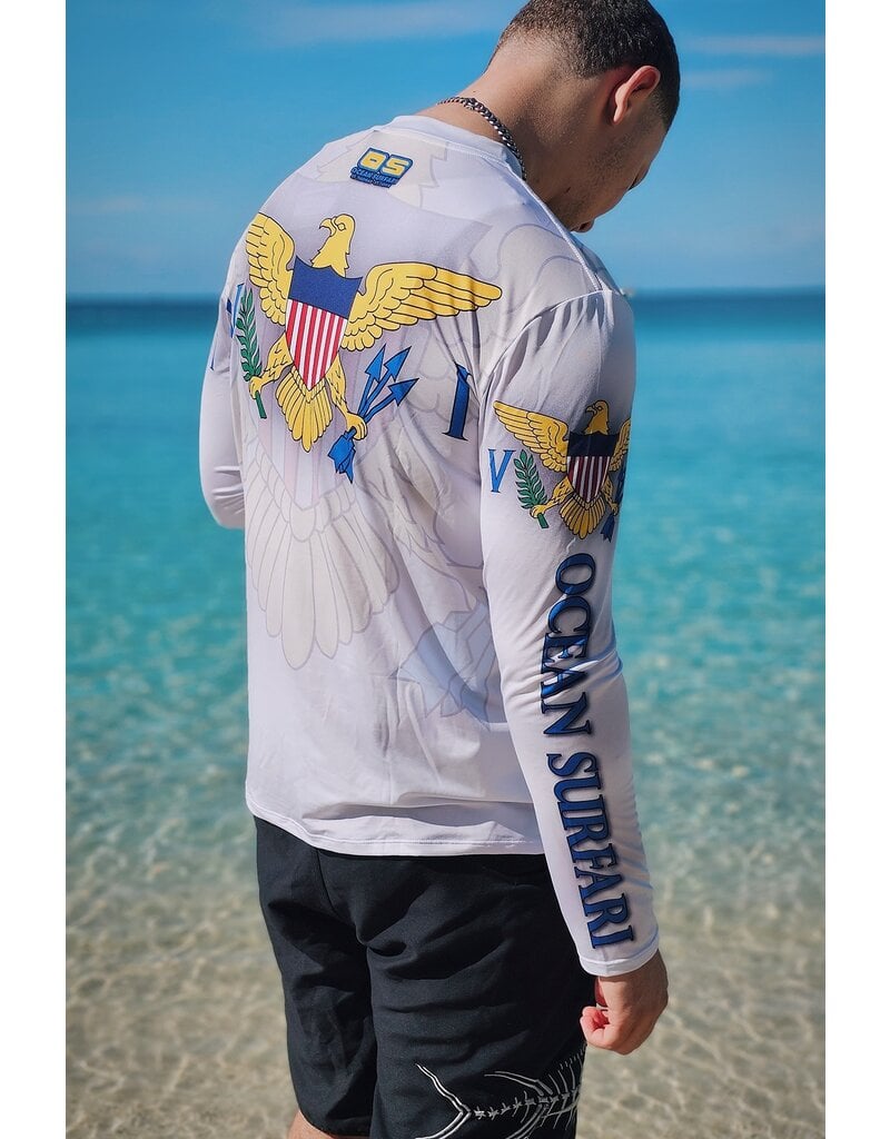 Ocean Surfari OS SPF 50+ Performance Men's LS VI Flag Watermark WHT