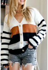 Colorblock Cardigan with Striped Sleeves