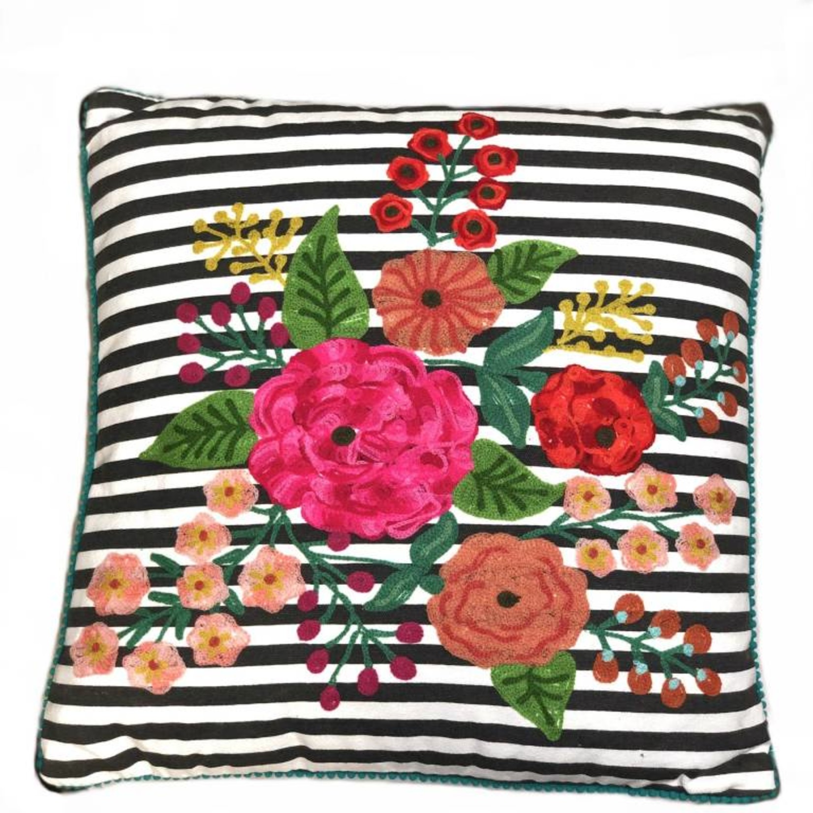 Striped Floral Embroidered Pillow