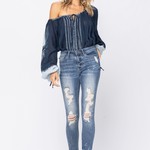 Judy Blue Mid Rise Skinny Bleach Splatter Destroyed Jeans