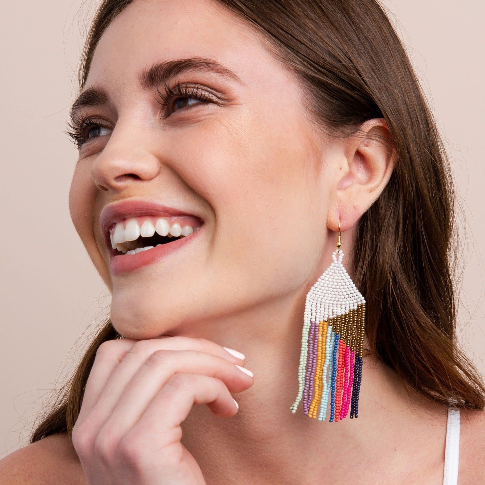 Ink + Alloy Gold White With Bright Stripes Fringe Earring