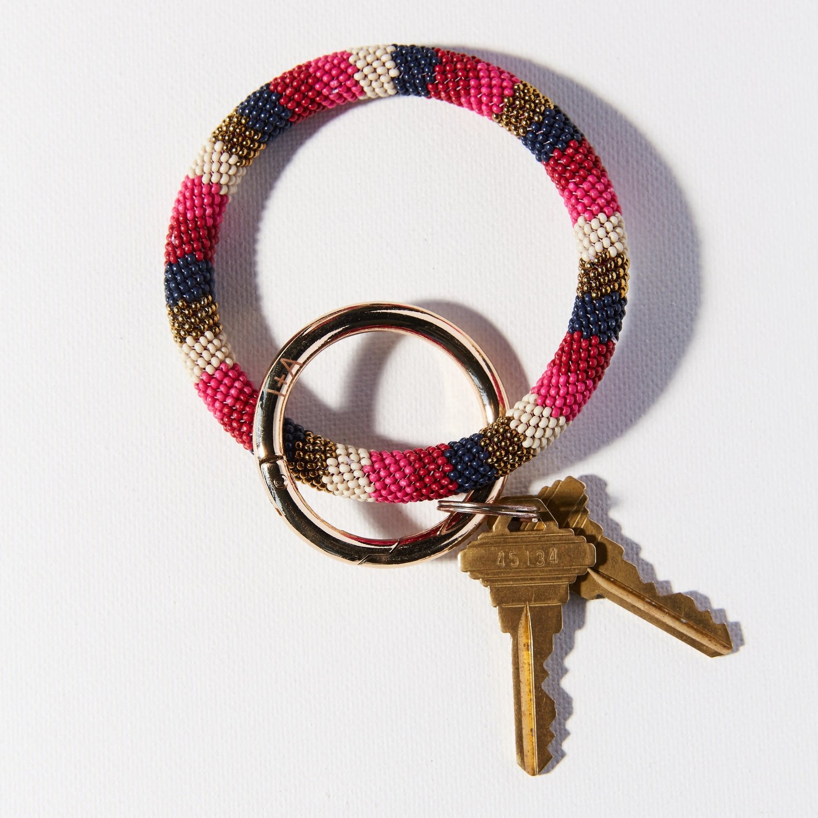 Ink + Alloy Hot Pink Navy Gold Stripe Seed Bead Key Ring
