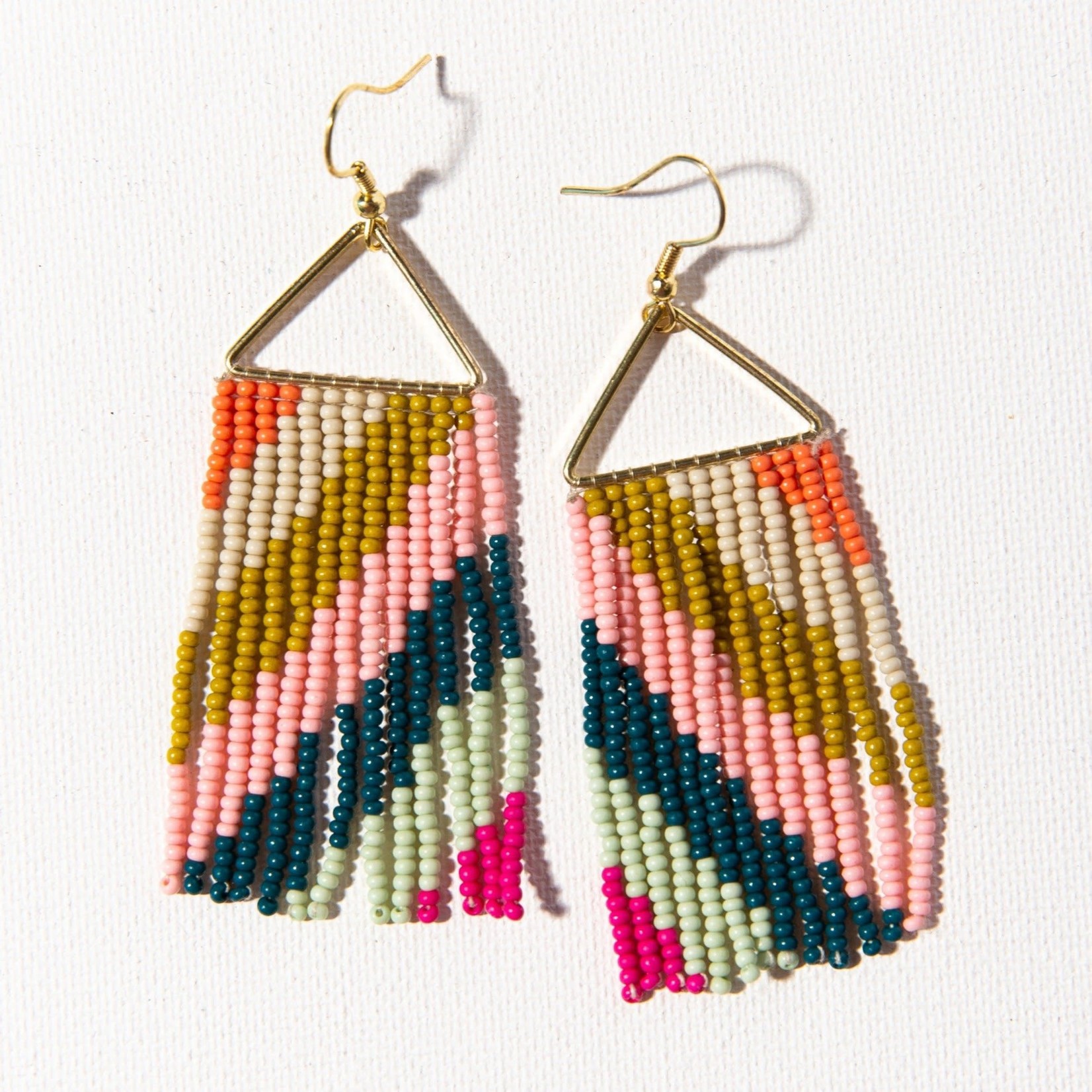 Ink + Alloy Pink Citron Peacock Diagonal Stripe On Triangle Earring