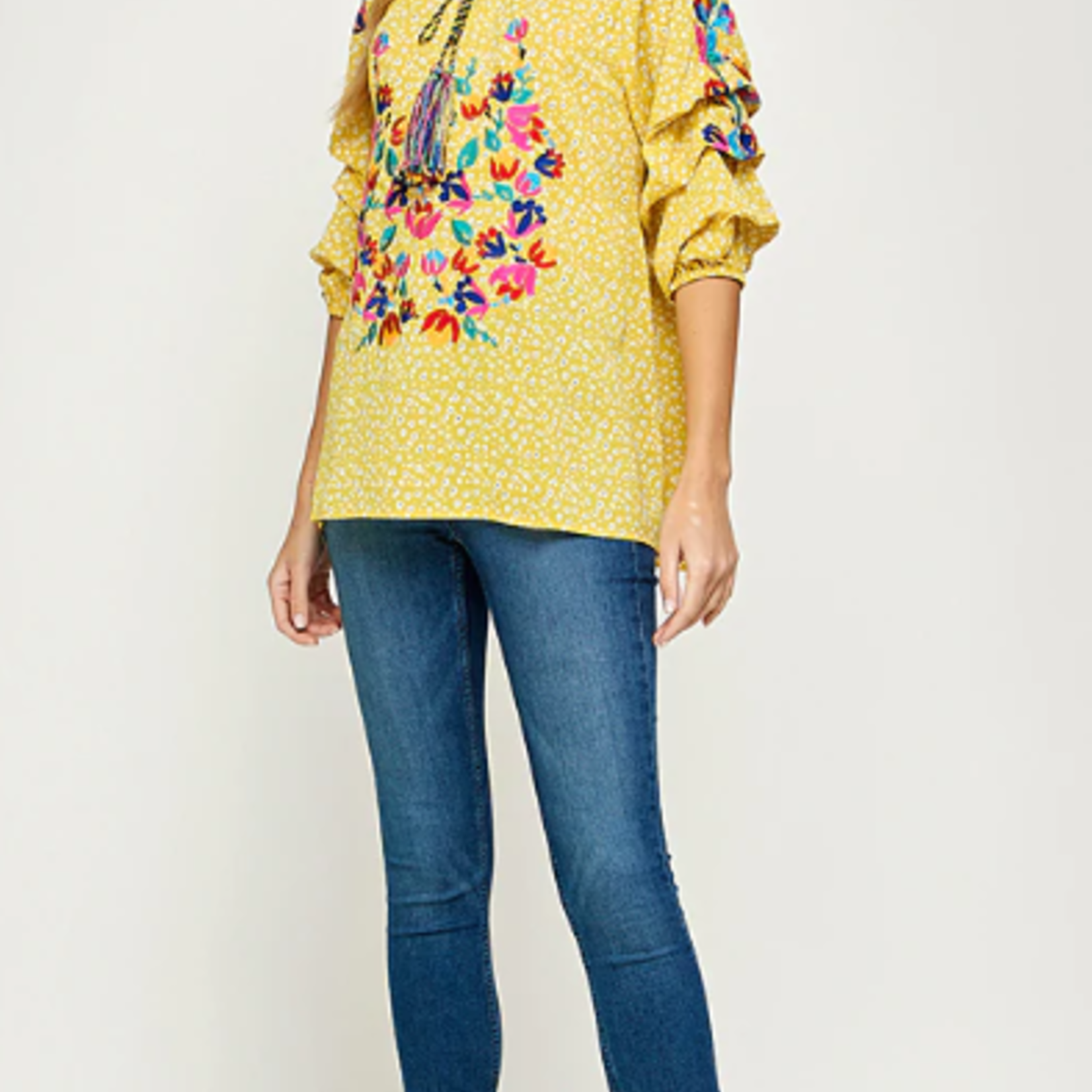 See & Be Seen Mustard Embroidered Tucked Sleeve Blouse