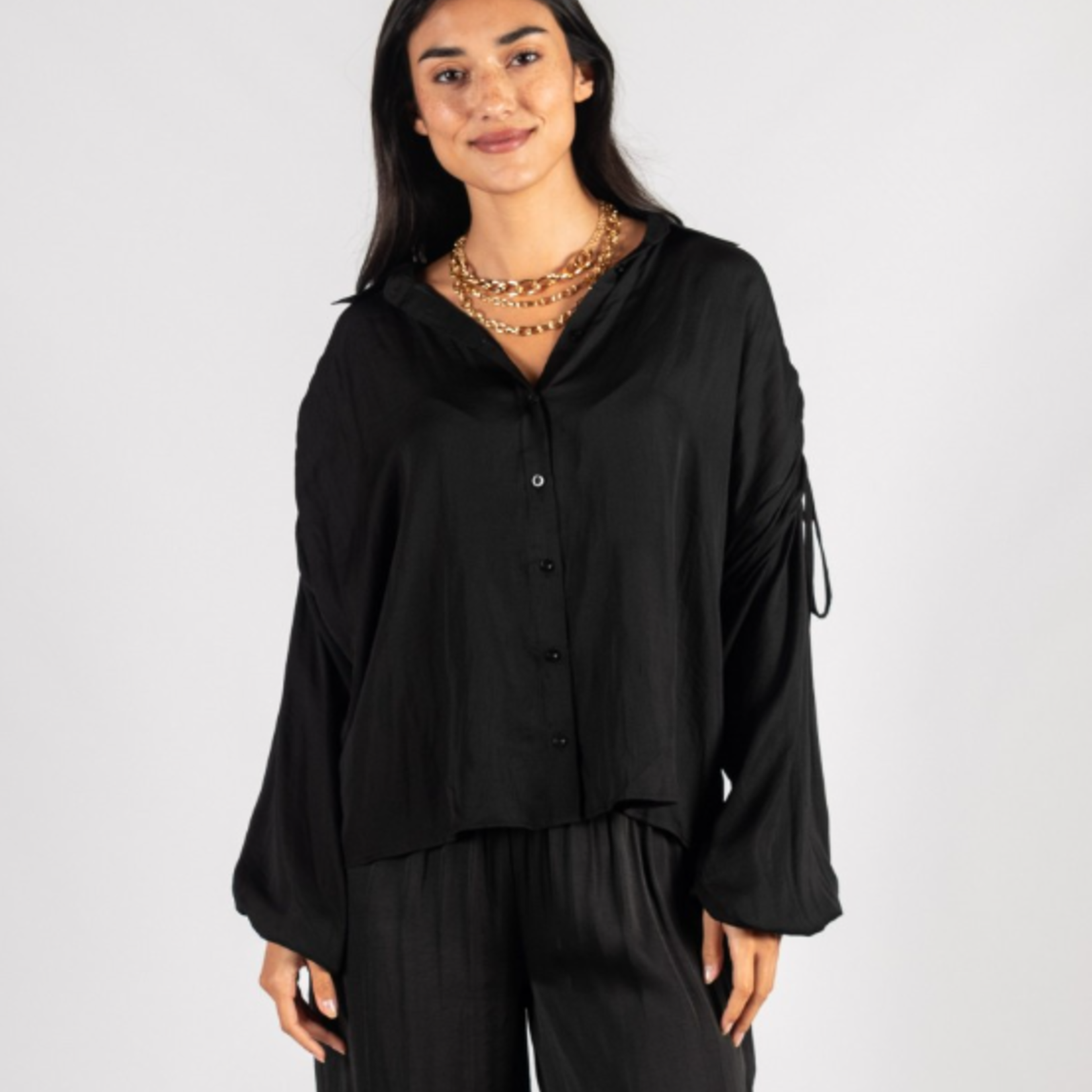 Before You Collection Satin Ruched Sleeve Button Up Top