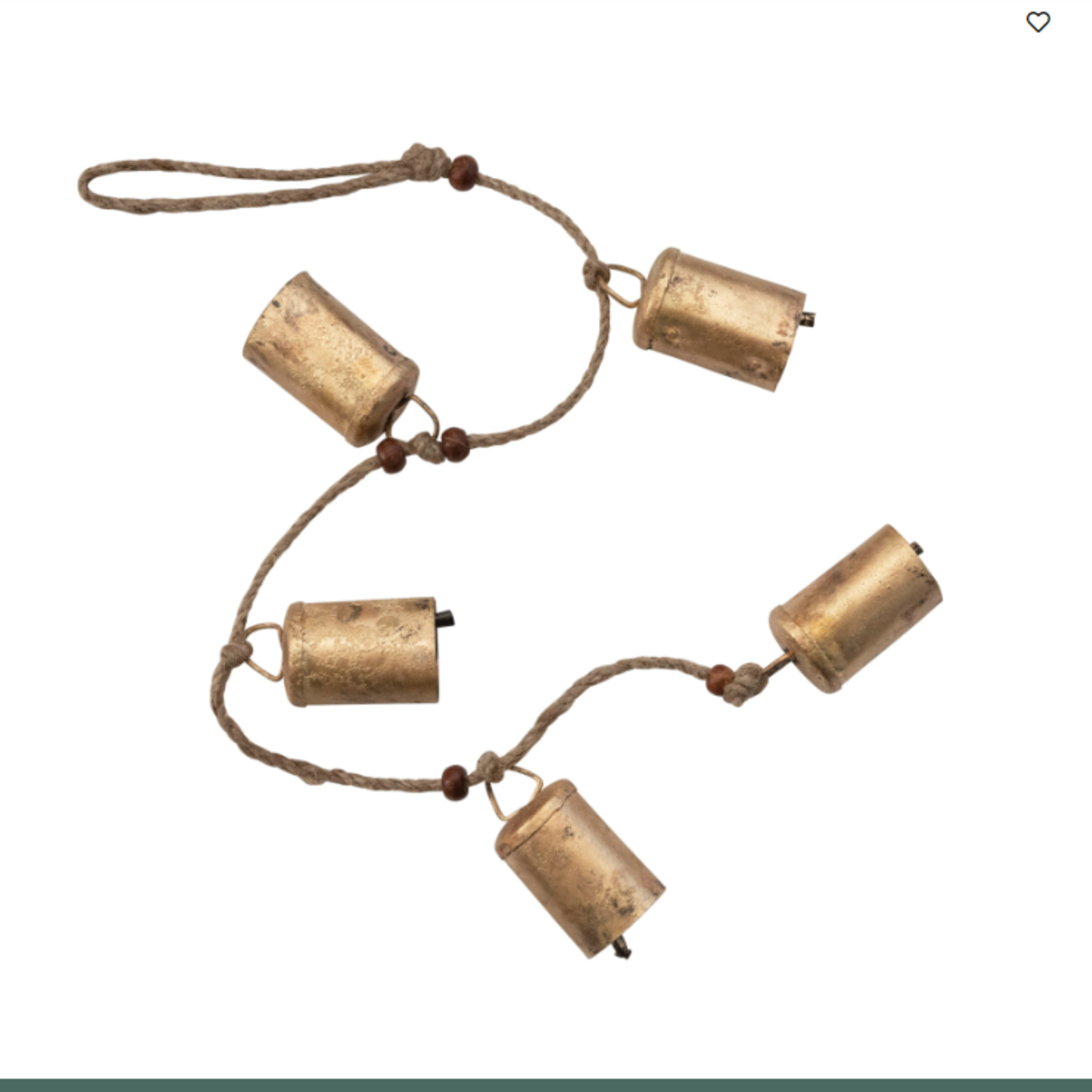 creative Co-op Metal 28"H Hanging  Bells with Wood Beads and Jute Rope, Antique Brass Finish