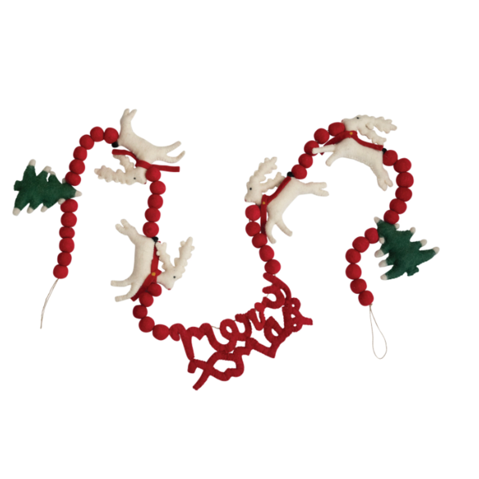 creative Co-op 72"L Wool Felt Ball Garland with Reindeer and Trees "Merry Xmas", Red, White and Green