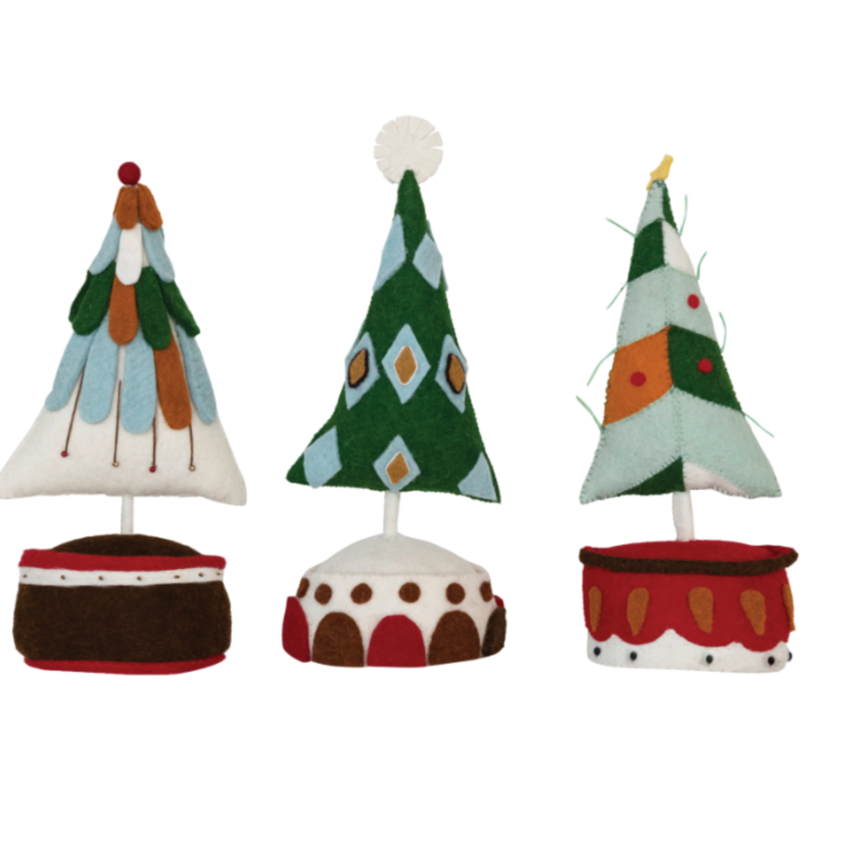 creative Co-op Christmas Tree 15"H Wool Felt Potted with Embroidery and Applique, 3 Styles