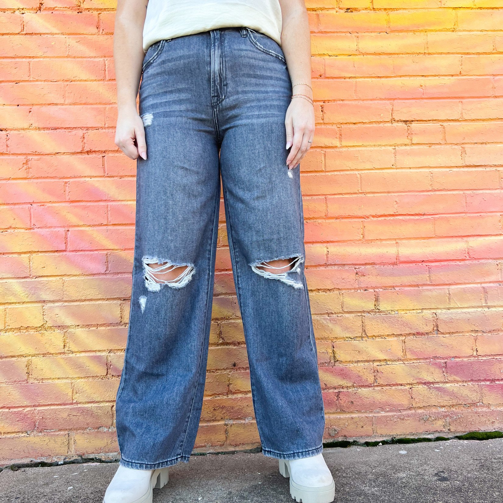 Fold Over Waistband Dad Jeans