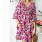 Full Time Purchase Smocked V neck Puffy Sleeve Floral Dress