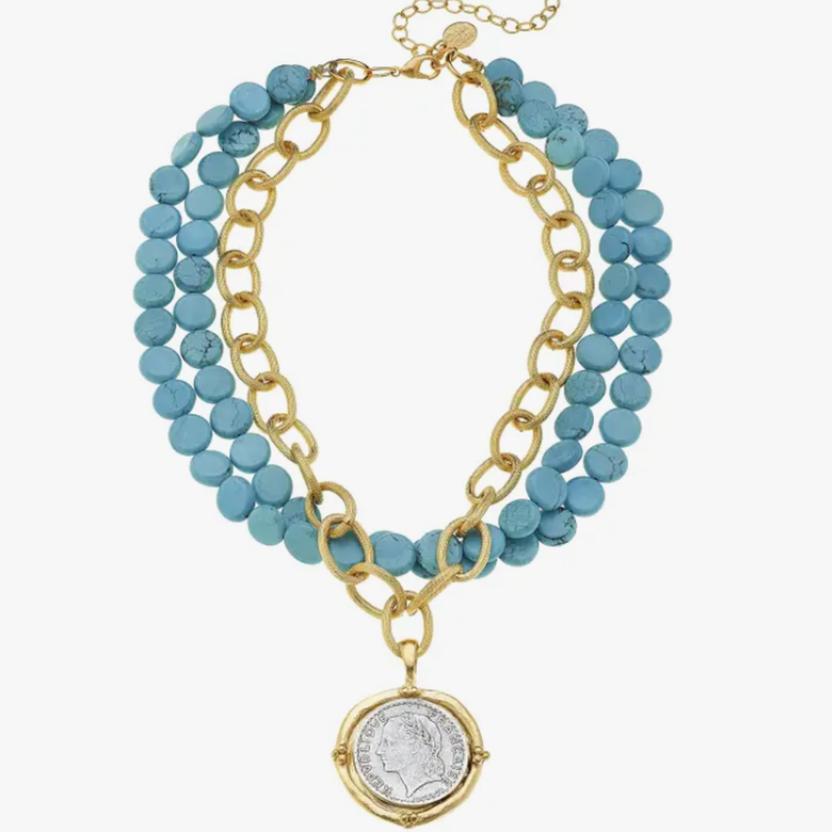 susan shaw Handcast Gold and Silver Coin on Gold Chain and Turquoise