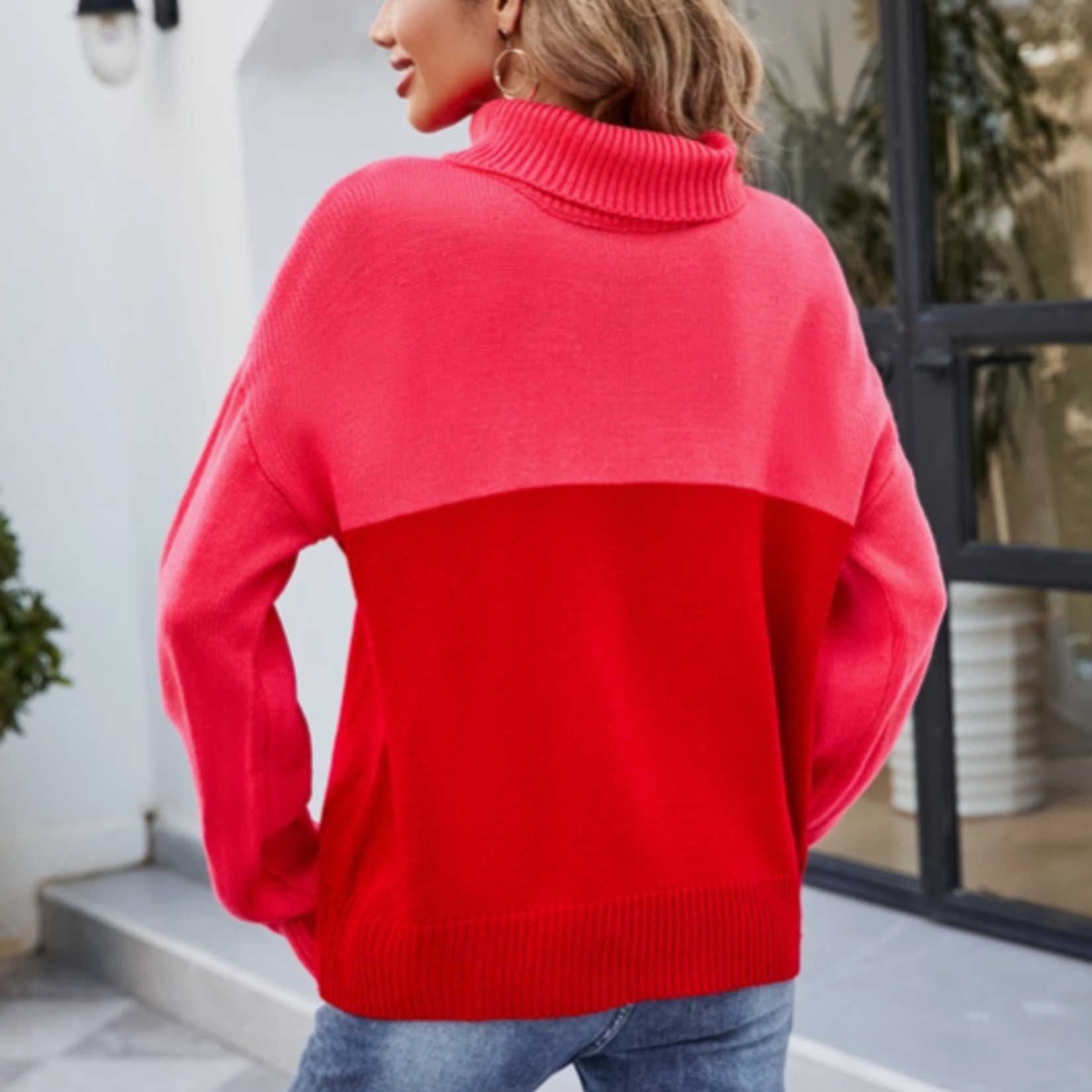 amaryllis apparel Mock Neck Long Sleeve Color Blocked Sweater