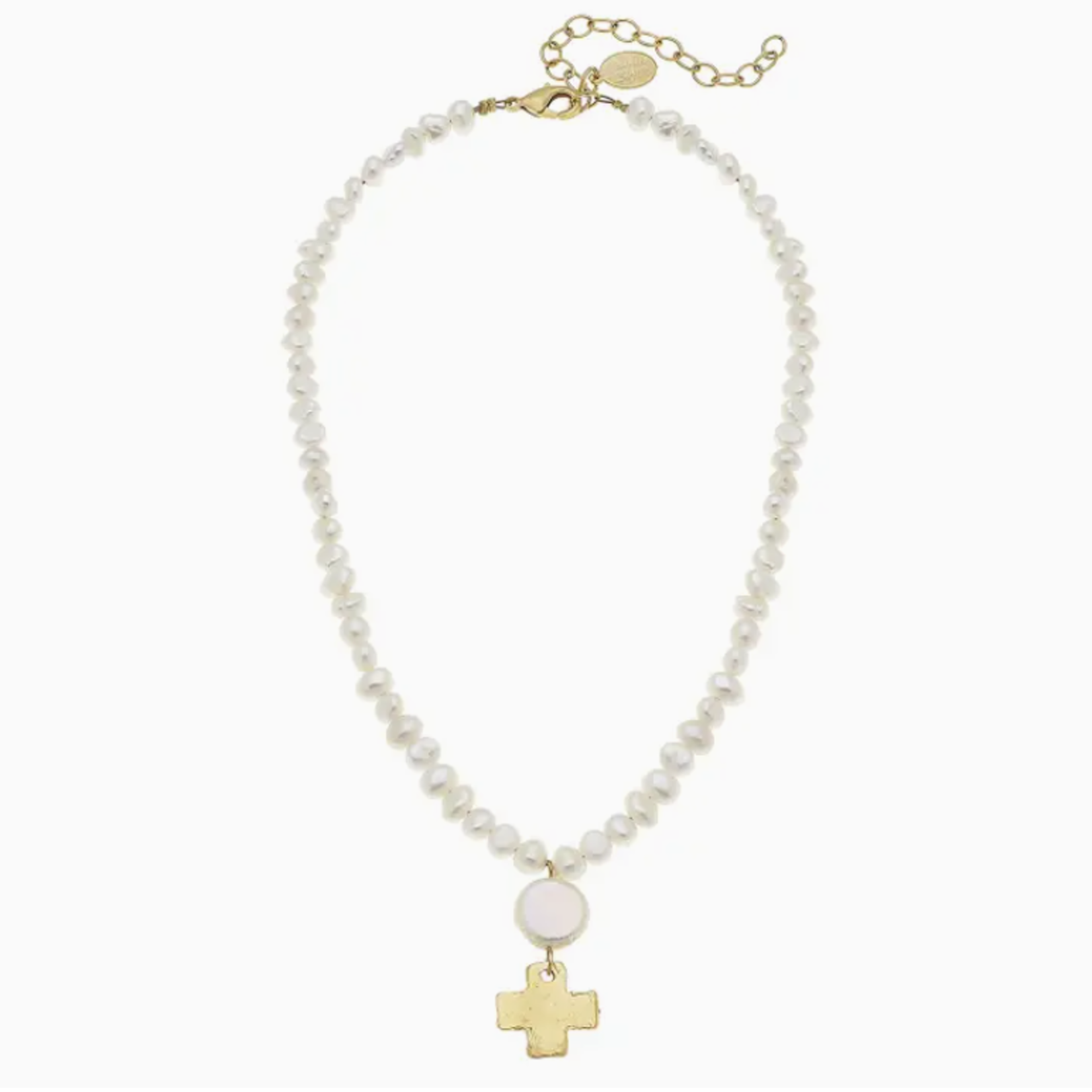 susan shaw Dainty Gold Cross + Coin Pearl Necklace