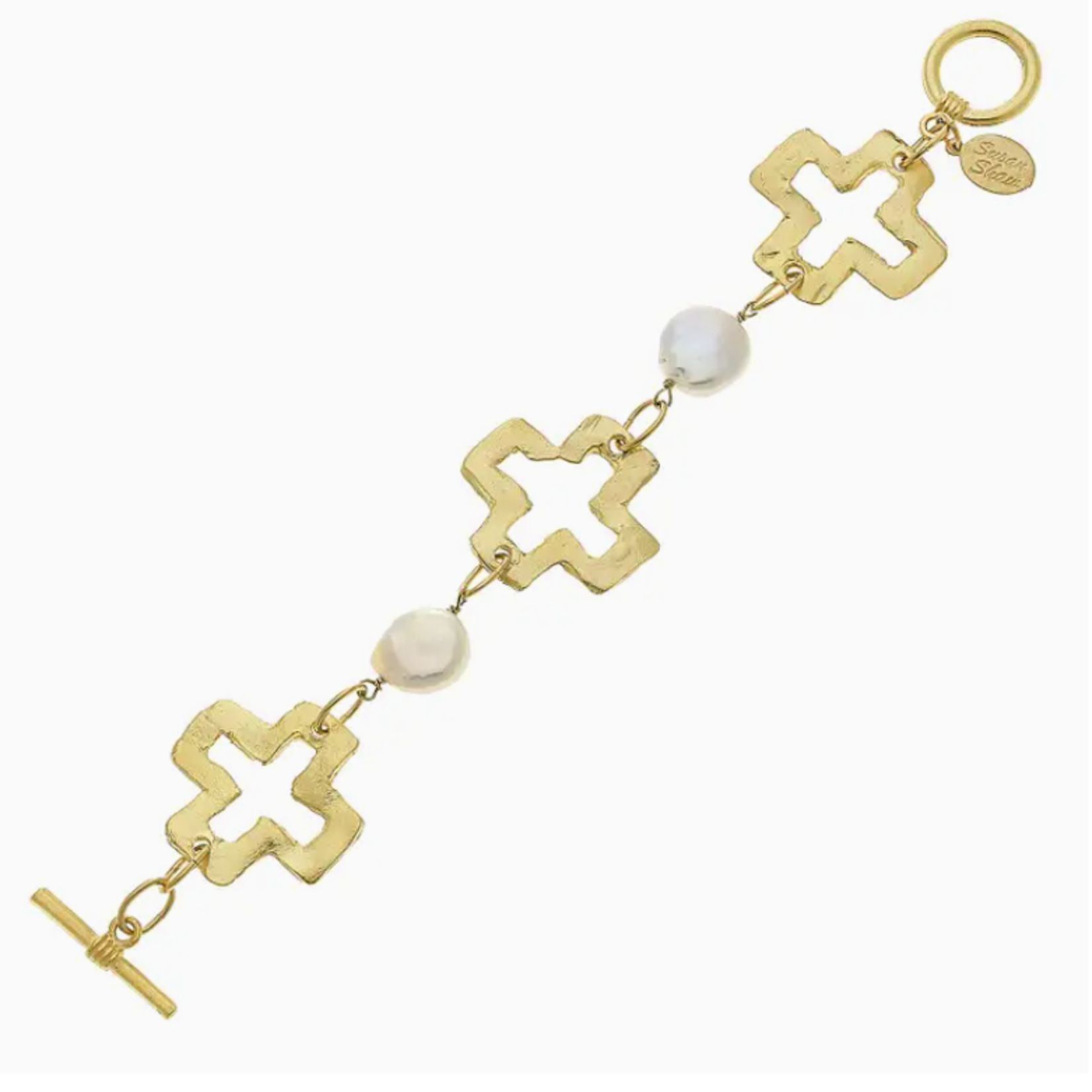 susan shaw Gold Open Cross and Genuine Freshwater Pearl Bracelet