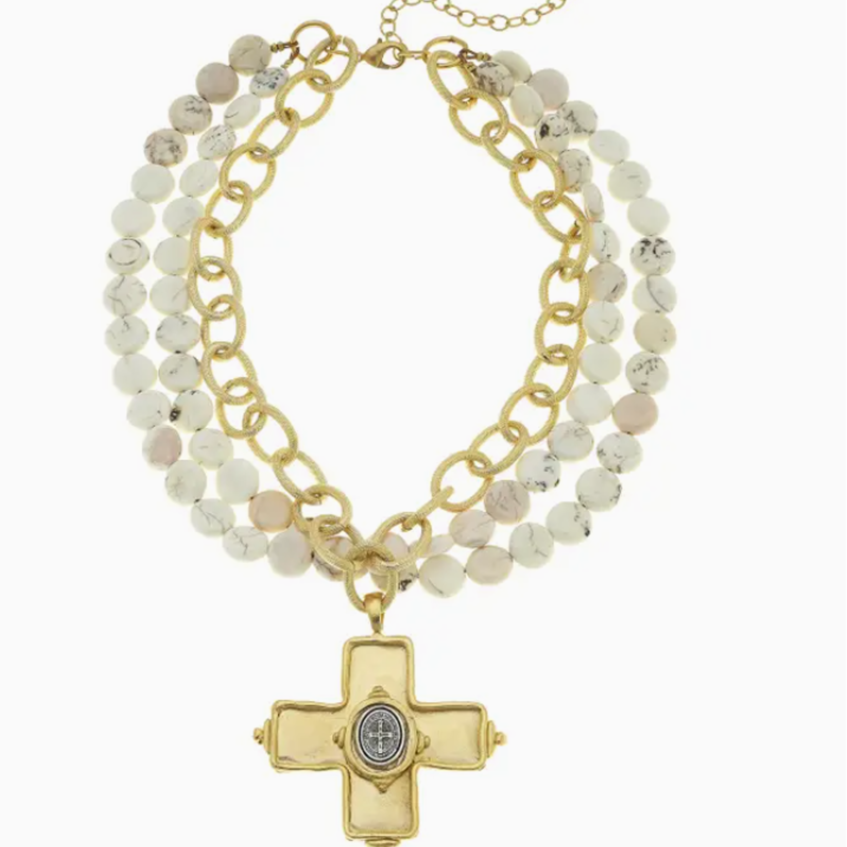 susan shaw Gold Cross with St Benedict and White Turquoise