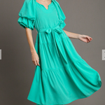 Split Neck Tiered Maxi Dress with Puff Sleeve