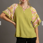 V Notched Linen Top with Double Layer Fringe Sleeves