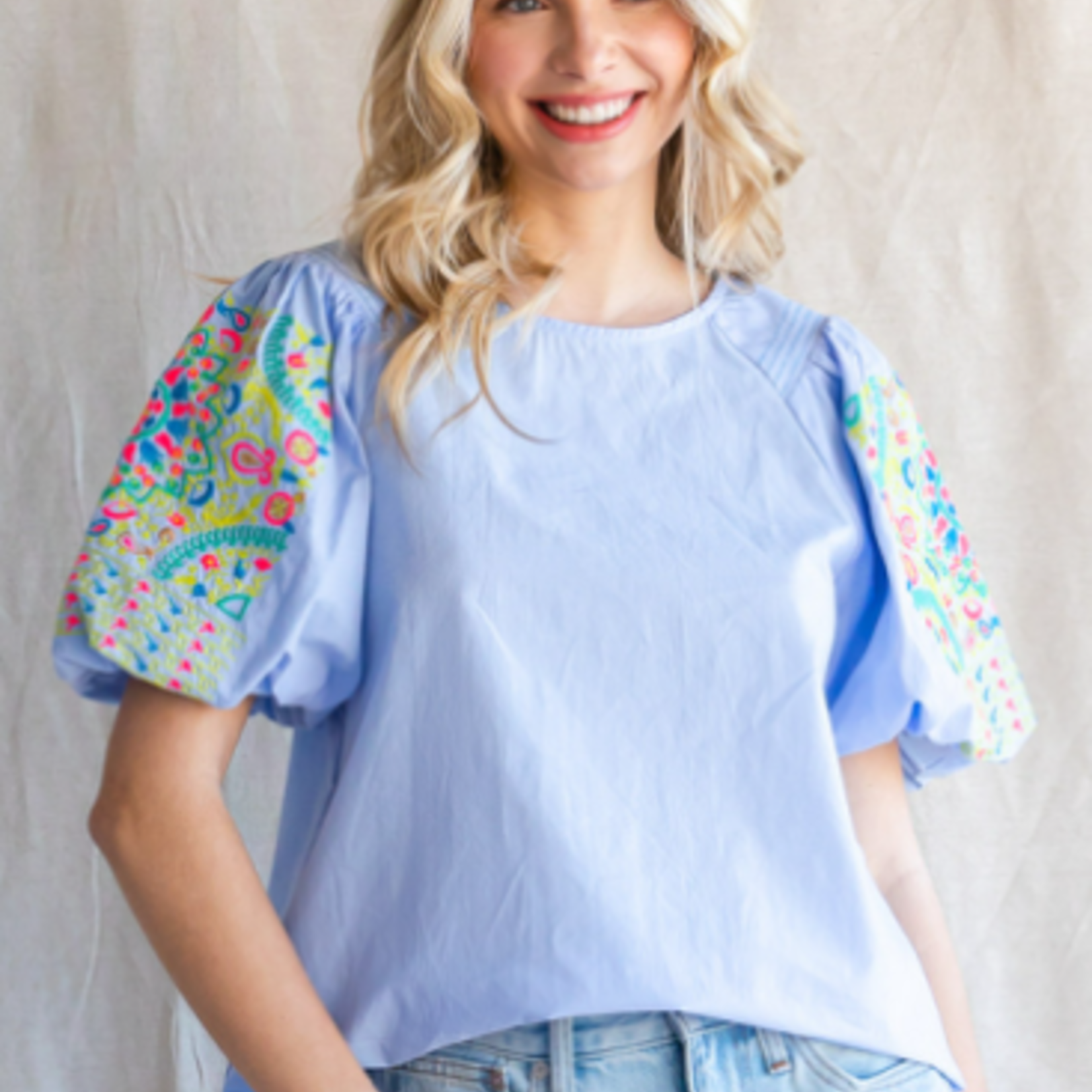 Jodifl Square Top w/ Bright Floral Detail on Puff Sleeve