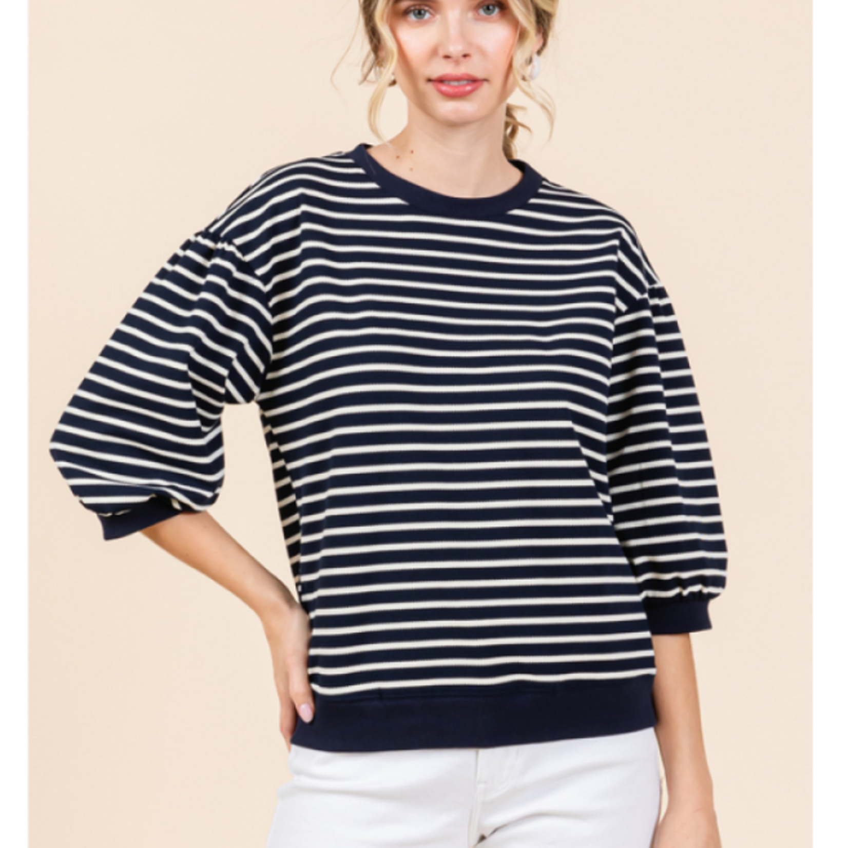 Jodifl Quarter Sleeve Sweater Blouse with Black Stripes