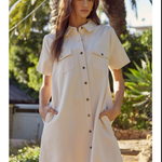 Jodifl Cotton Dress with  collar, chest buttoned flap pockets, back inverted pleats
