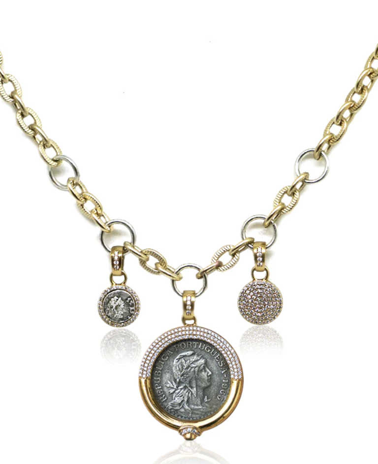 Gold Triple Charm Pave Escudo Necklace