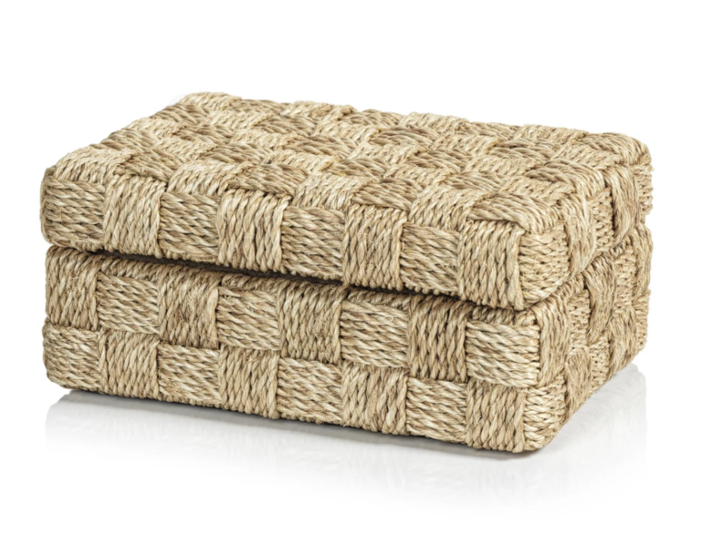 Natural Abaca Rope Hinged Box with Suede Interior - Small
