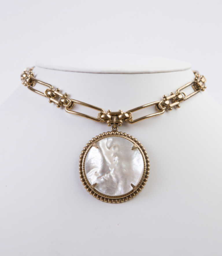 Mother of Pearl Cabochon Necklace | Plated Gold Chain | 13-15.5" | Double to wear as a bracelet