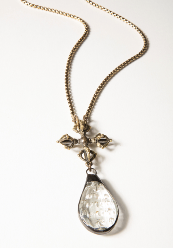 Vintage Double Vajra | Dorje Cross Bronze Chain Chandelier Crystal | 35"